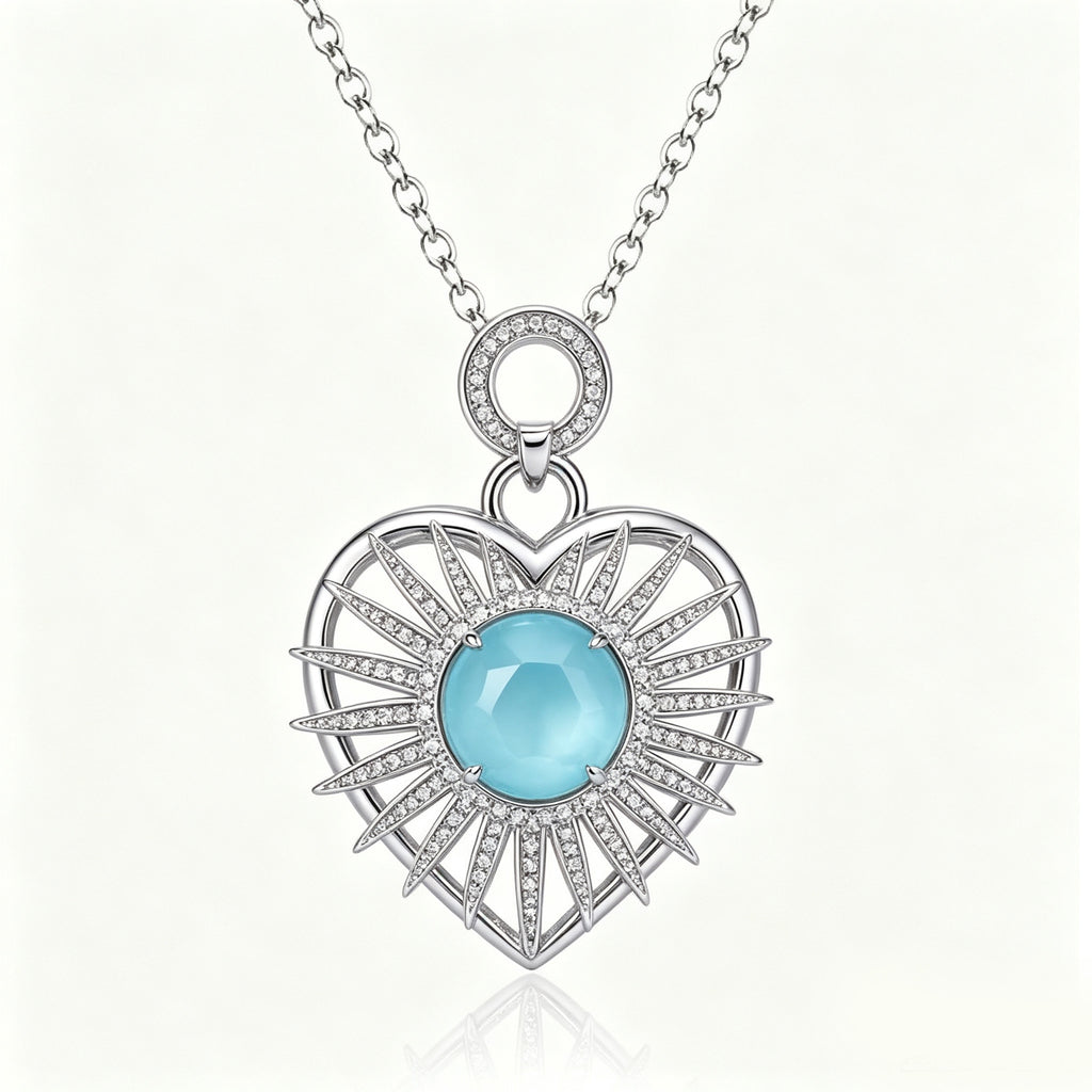 Azure Sunburst Heart Crystal Pendant Necklace