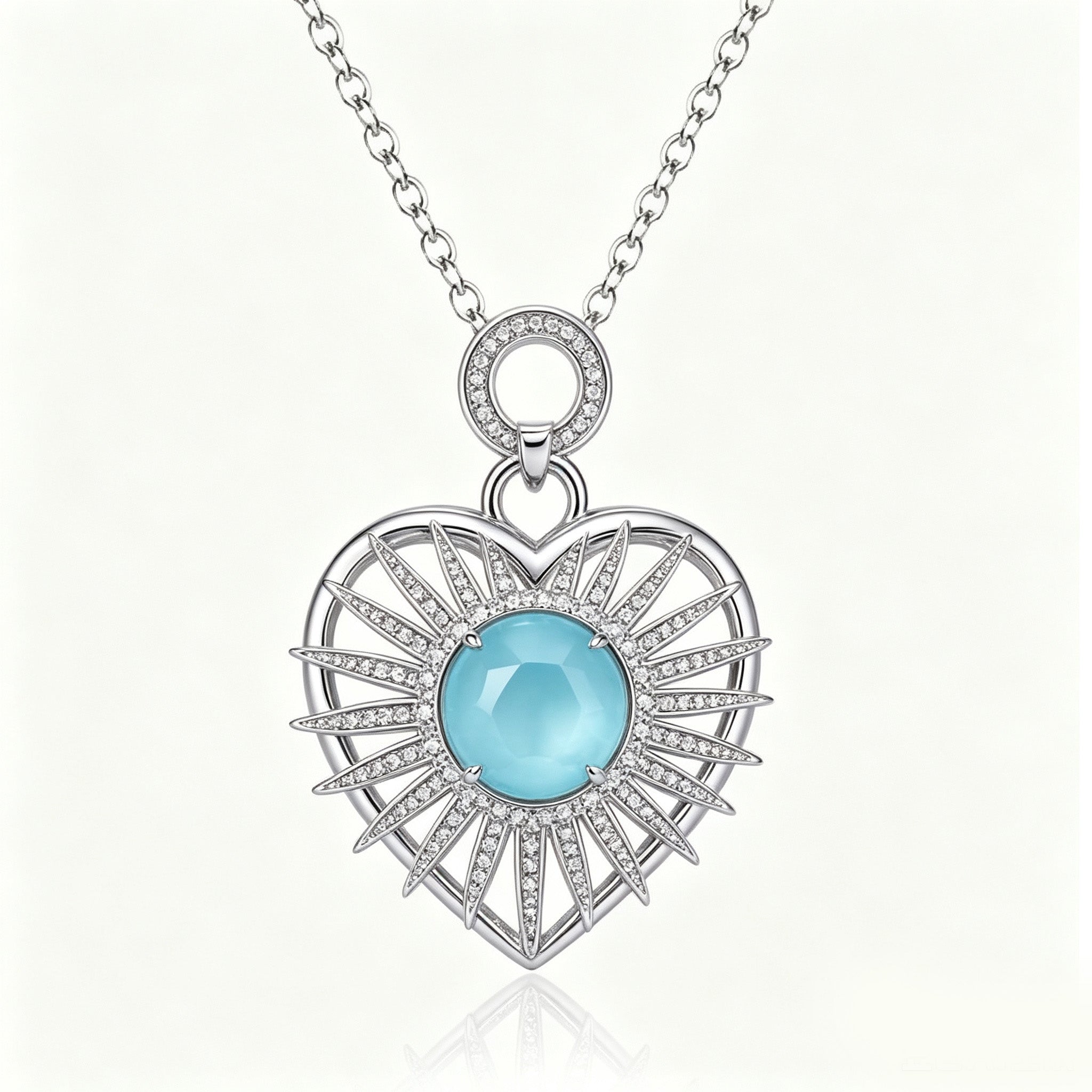 Azure Sunburst Heart Crystal Pendant Necklace