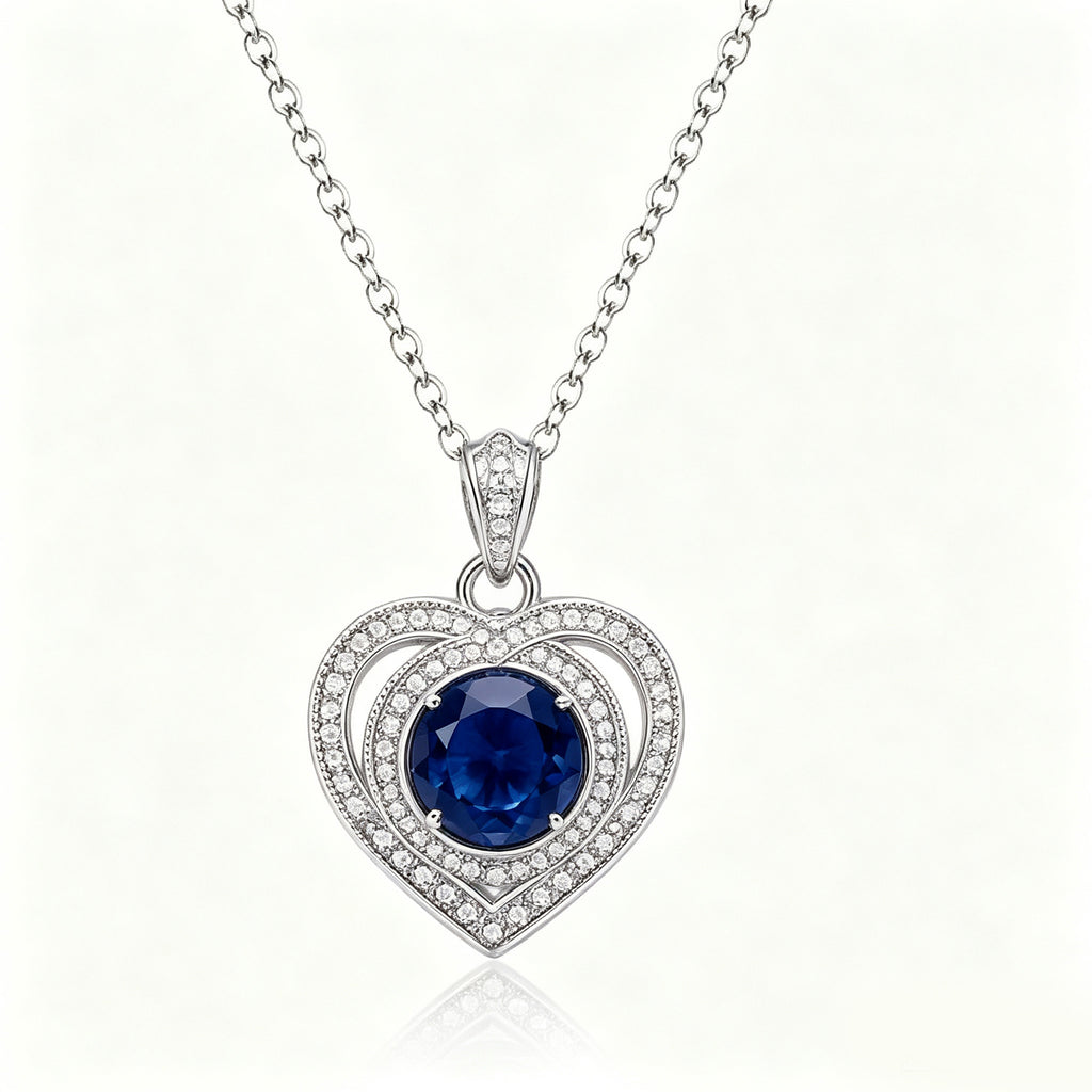 Midnight Sapphire Double Halo Heart Pendant Necklace