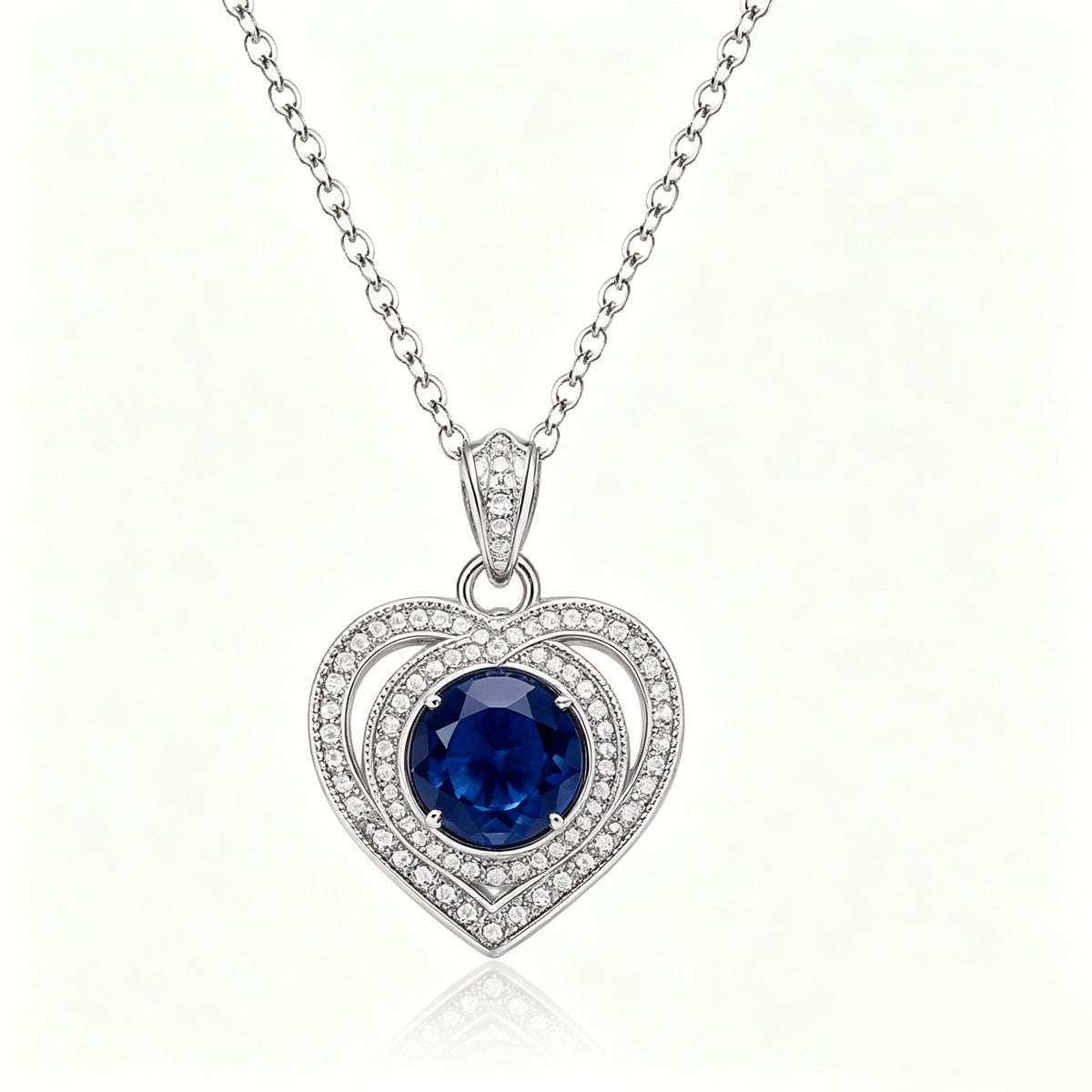 Midnight Sapphire Double Halo Heart Pendant Necklace