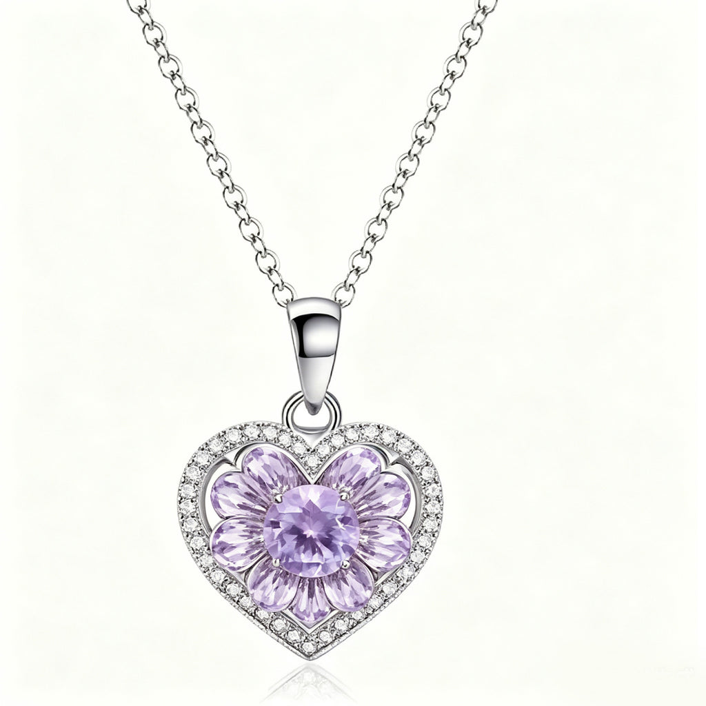 Lavender Blossom Heart Crystal Pendant Necklace
