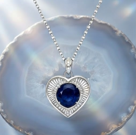 Royal Sapphire Sunburst Heart Pendant Necklace