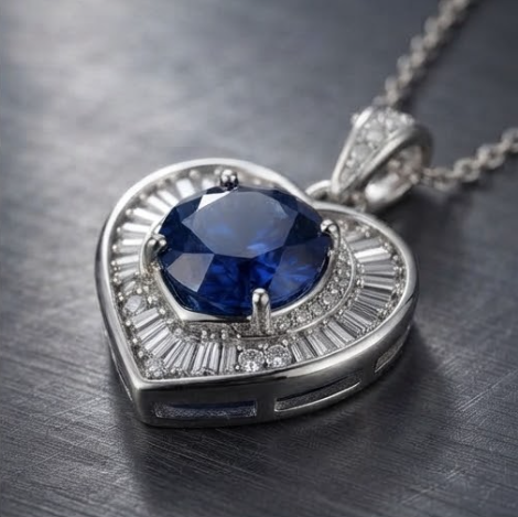 Royal Sapphire Sunburst Heart Pendant Necklace