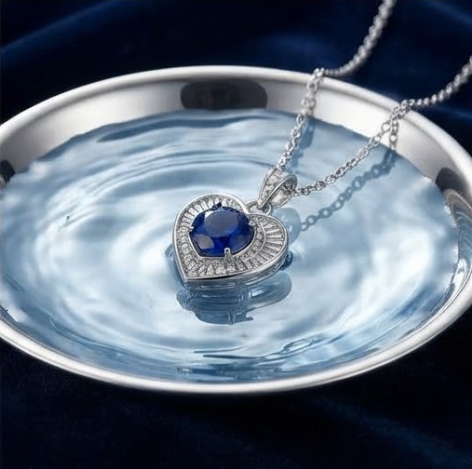 Royal Sapphire Sunburst Heart Pendant Necklace