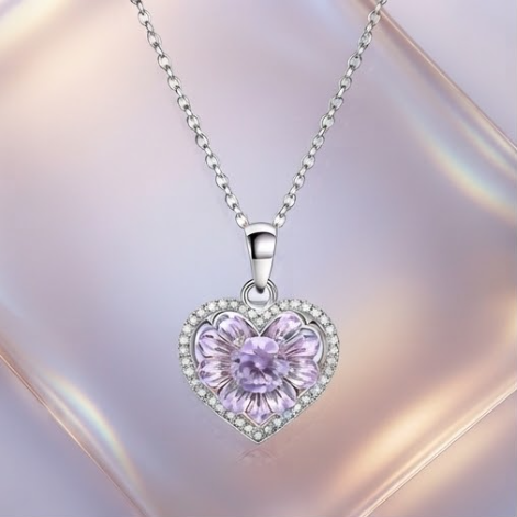 Lavender Blossom Heart Crystal Pendant Necklace