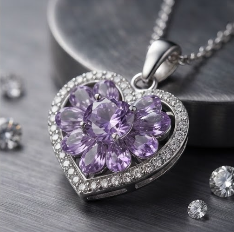 Lavender Blossom Heart Crystal Pendant Necklace