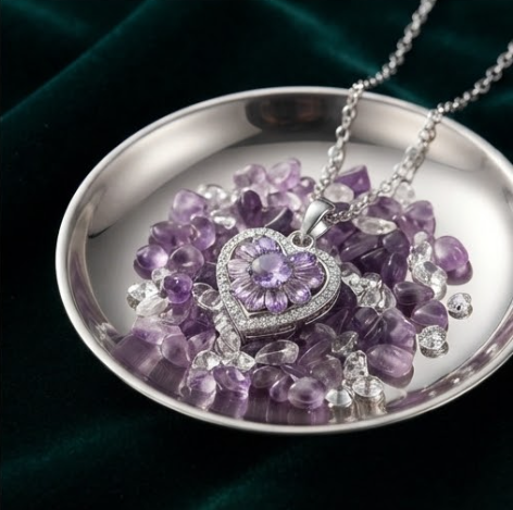 Lavender Blossom Heart Crystal Pendant Necklace
