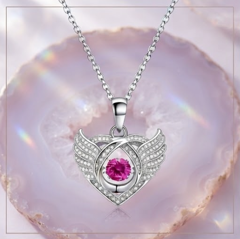 Ruby Winged Heart Crystal Pendant Necklace