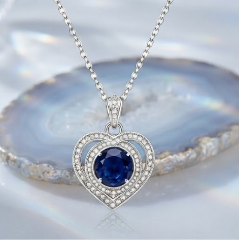 Midnight Sapphire Double Halo Heart Pendant Necklace