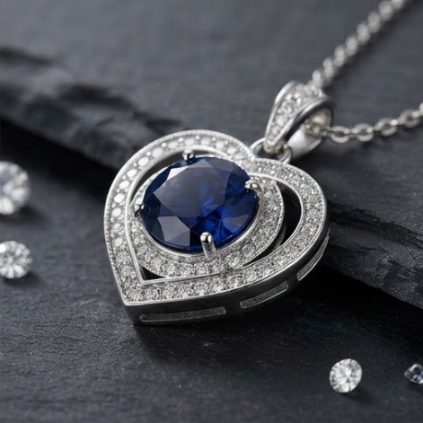 Midnight Sapphire Double Halo Heart Pendant Necklace