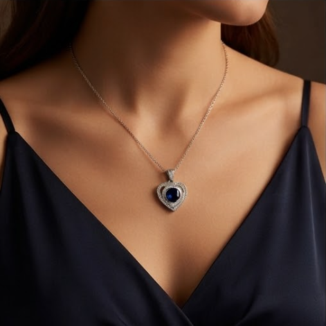 Midnight Sapphire Double Halo Heart Pendant Necklace