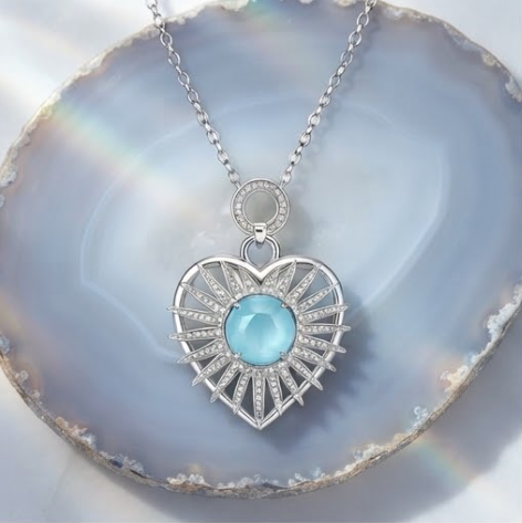 Azure Sunburst Heart Crystal Pendant Necklace