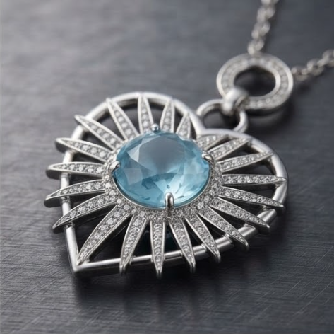 Azure Sunburst Heart Crystal Pendant Necklace