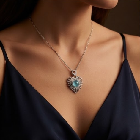 Azure Sunburst Heart Crystal Pendant Necklace