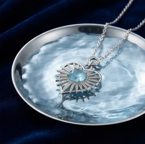 Azure Sunburst Heart Crystal Pendant Necklace